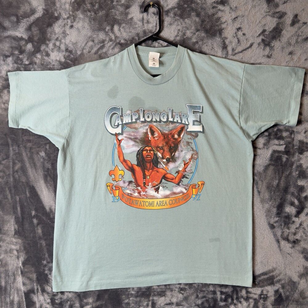 Vintage Camp Long Lake 1997 Potawatomi Nature Wolf Shirt 2X-Large Indian Feather